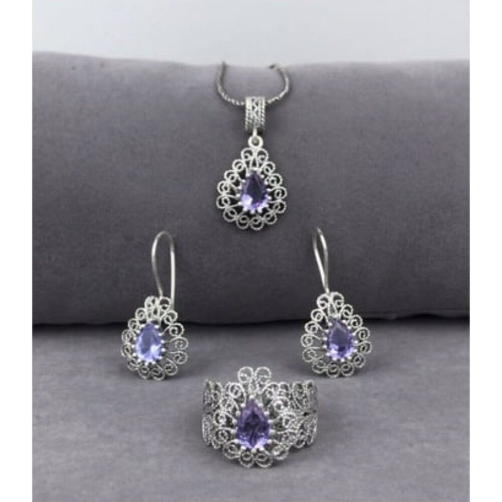 925 Sterling Silver Turkish Filigree Wedding Jewelry Set for Women, HandmadeGift